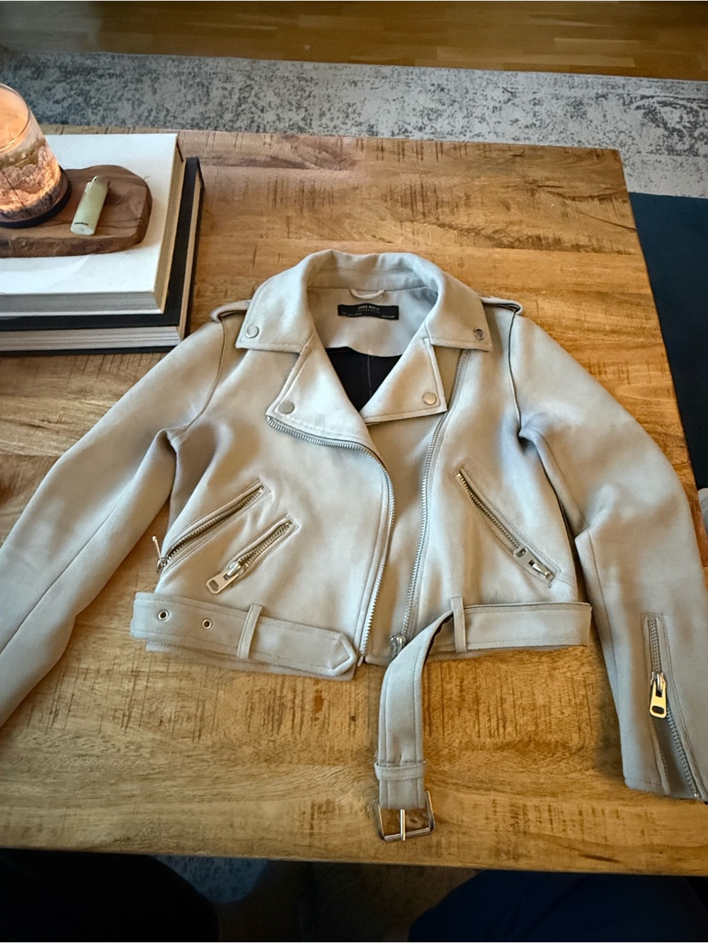 Zara Beige Suede Moto Jacket with Belt - S